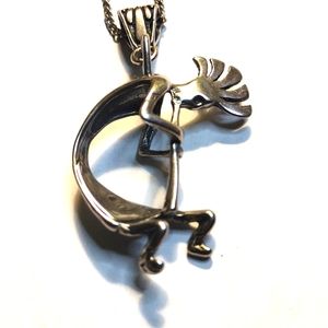 KOKOPELLI STERLING NAVAJO PENDANT NECKLACE, 2 1/2", 19" SILVER TONE CHAIN